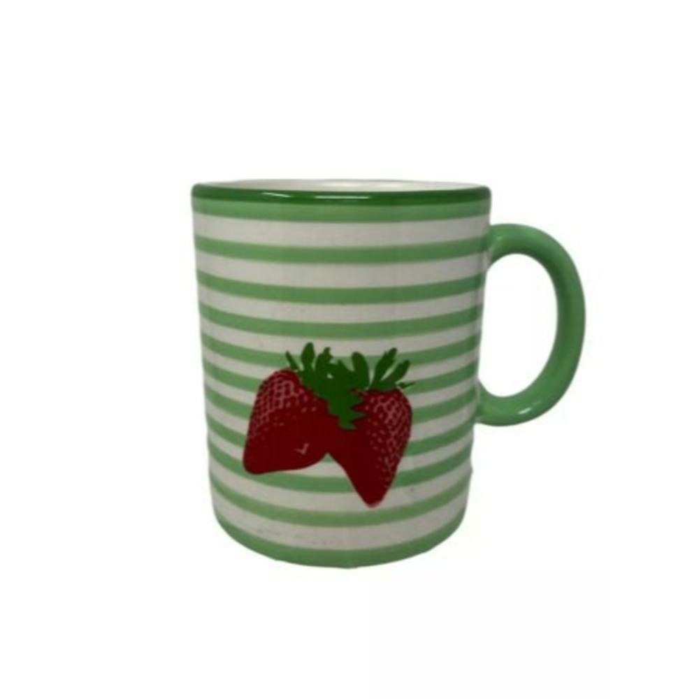 Rare 2007 STARBUCKS Mug Strawberries Country Striped Green White 13 oz